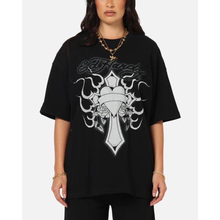 エドハーディー Ed Hardy 【 Cross My Heart T-Shirt Womens Black 】 Tシャツ レディース 黒色 ブラック
