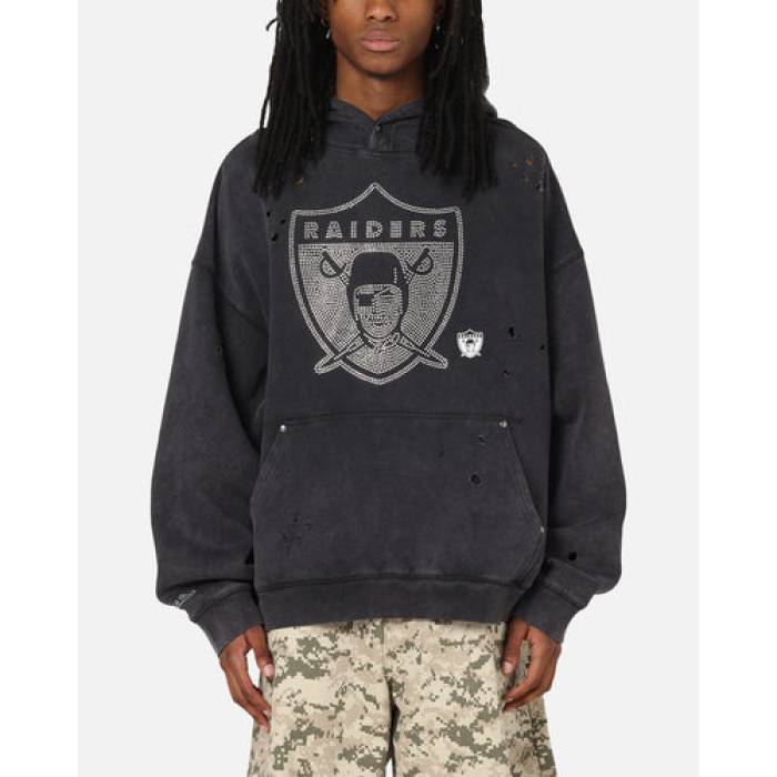 ミッチェル\u0026ネス Mitchell \u0026 Ness 【 Las Vegas Raiders Distressed Rhinestone Logo Hoodie Mens Faded Black 】 ベガス レイダース ロゴタイプ フーディー パーカー メンズ 黒いこと 黒いこと
