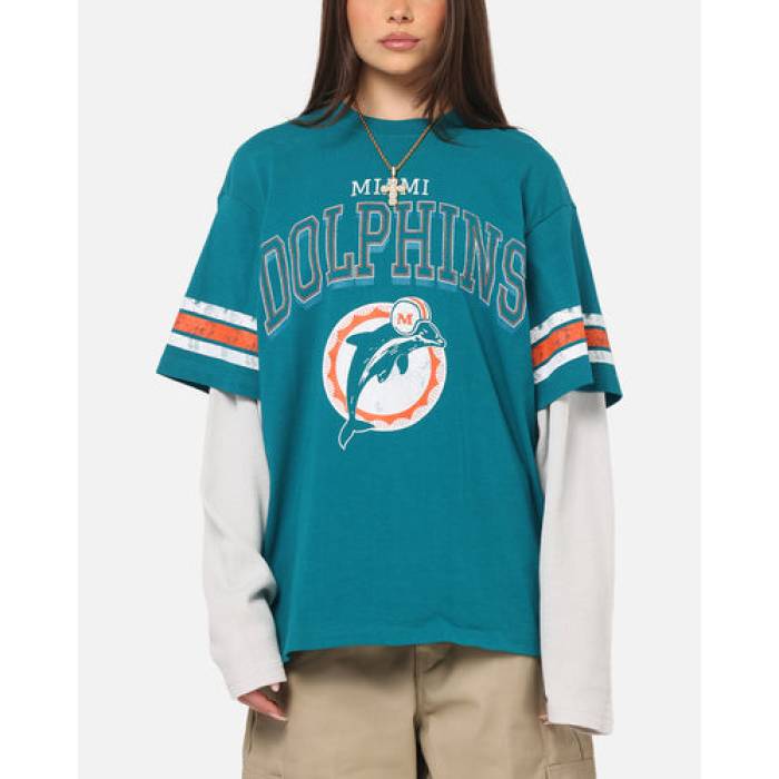 ミッチェル\u0026ネス Mitchell \u0026 Ness 【 Miami Dolphins Waffle Mock Layer Long Sleeve T-Shirt Womens Teal 】 マイアミ ドルフィンズ ワーヘル Sleeve 捩り プルオーバー レディース