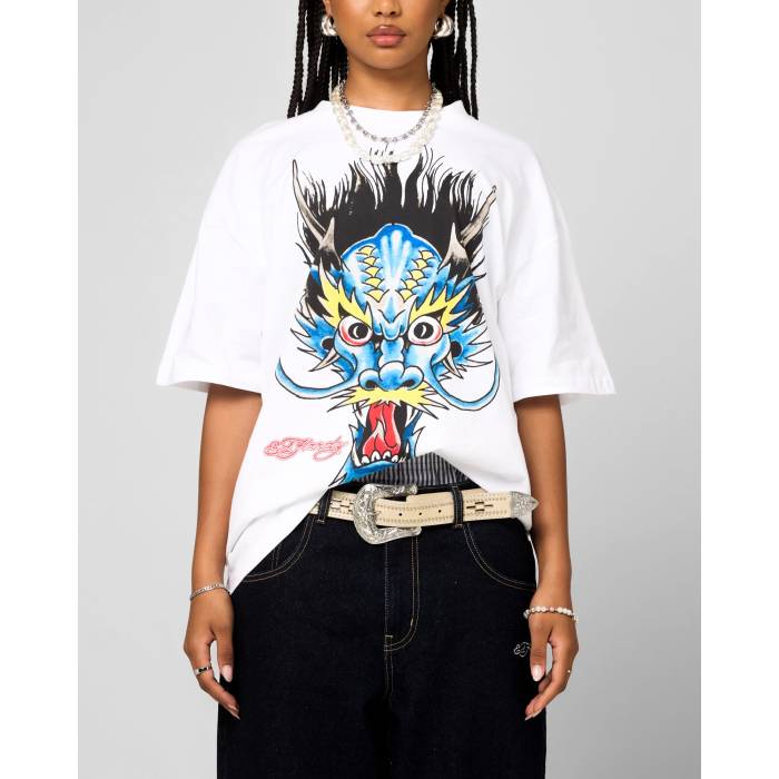 エドハーディー Ed Hardy 【 Blue Dragon T-Shirt Womens White 】 青色 ブルー ドラゴン Tシャツ レディース 白色 ホワイト