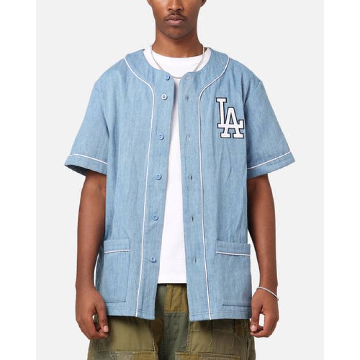Majestic Athletic 【 Los Angeles Dodgers Denim Button Up Shirt Im Mens Washed Blue Den 】 ドジャース デニム メンズ 青色 ブルー