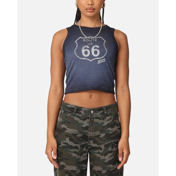 Willie Nelson 【 Route 66 Sunfade Cropped Tank Womens Black Wash 】 タンクトップ レディース 黒色 ブラック