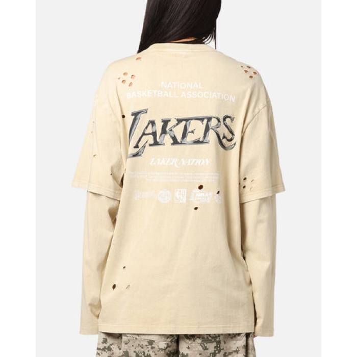 ミッチェル\u0026ネス Mitchell \u0026 Ness 【 Los Angeles Lakers Chromed Mock Long Sleeve T-Shirt Womens Khaki 】 Lakers レイカーズ Sleeve 捩り プルオーバー レディース カーキ