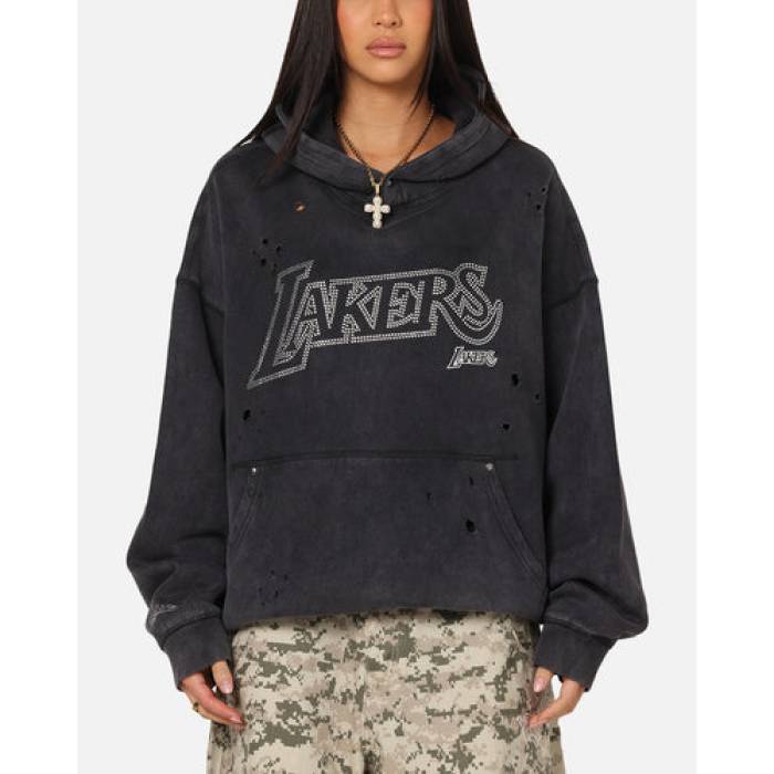 ミッチェル&ネス Mitchell & Ness 【 Los Angeles Lakers Distressed Rhinestone Logo Hoodie Womens Faded Black 】 Lakers レイカーズ ロゴ フーディー パーカー レディース 黒色 ブラック