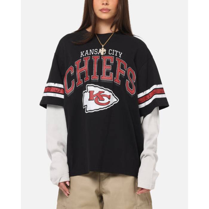 ミッチェル\u0026ネス Mitchell \u0026 Ness 【 Kansas City Chiefs Waffle Mock Layer Long Sleeve T-Shirt Womens Black 】 ひまわりの州 シティ チーフス ワーヘル Sleeve 捩り プルオーバー レディース 黒いこと 黒いこと