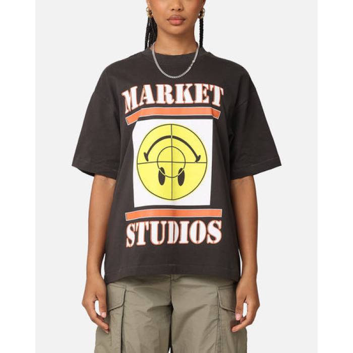 Market 【 X Smiley Focus T-Shirt Mens Washed Black 】 Tシャツ メンズ 黒色 ブラック