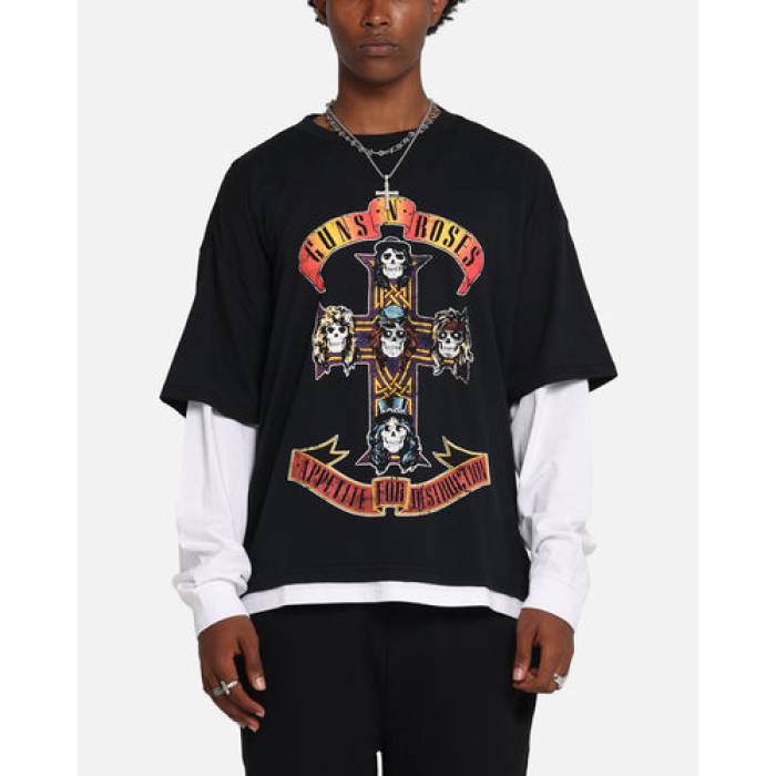 Guns N Roses 【 G N Roses Roses Layered Long Sleeve T-Shirt Mens Black Wash 】 Sleeve 捩り プルオーバー メンズ 黒いこと 黒いこと