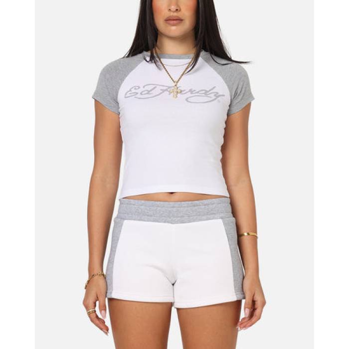 エドハーディー Ed Hardy 【 Raglan Baby T-Shirt Womens White/Grey 】 Raglan ラグラン プルオーバー レディース 白いこと 白いこと 薄墨色 薄墨色