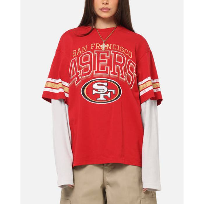 ミッチェル&ネス Mitchell & Ness 【 San Francisco 49Ers Waffle Mock Layer Long Sleeve T-Shirt Womens Red 】 フォーティーナイナーズ ワッフル Sleeve スリーブ Tシャツ レディース Red 赤・レッド