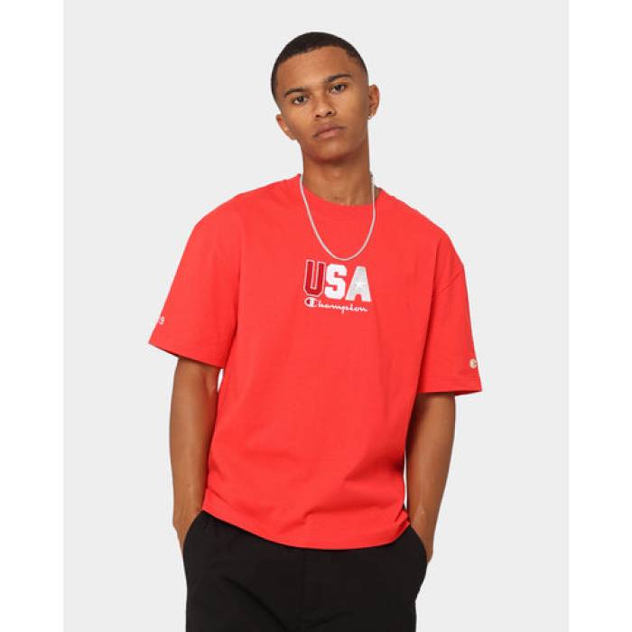 はやりっ児 Champion 【 Heritage Usa Small Logo T-Shirt Mens Red Spark Csi 】 ロゴタイプ プルオーバー メンズ Red 赤・赤いこと