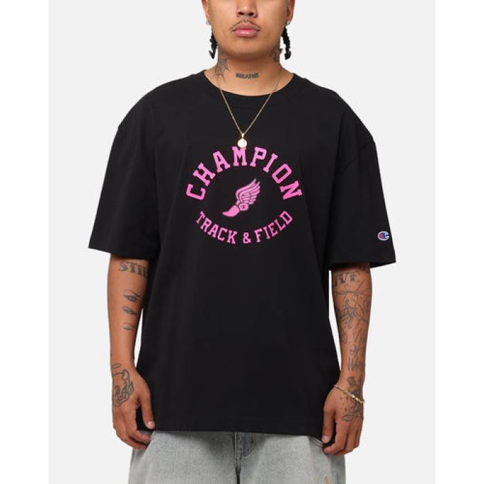 はやりっ子 Champion 【 Heritage Collegiate Track And Field T-Shirt Black/ Mens Pink 】 貨物自動車 Field 活動の領域 プルオーバー メンズ pink さくら色
