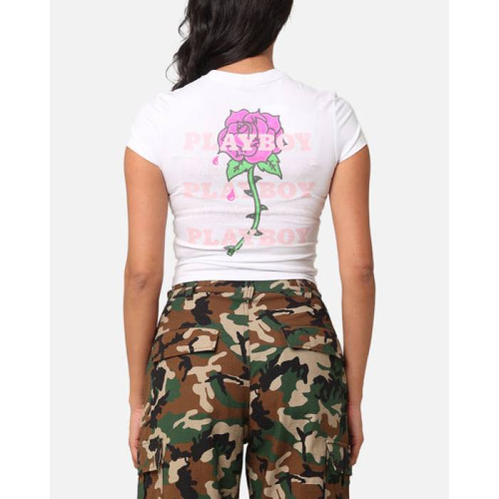 Playboy 【 Rose Stacked Baby T-Shirt Womens White 】 Rose さくら色 ティーシャツ レディース 白いこと 白いこと