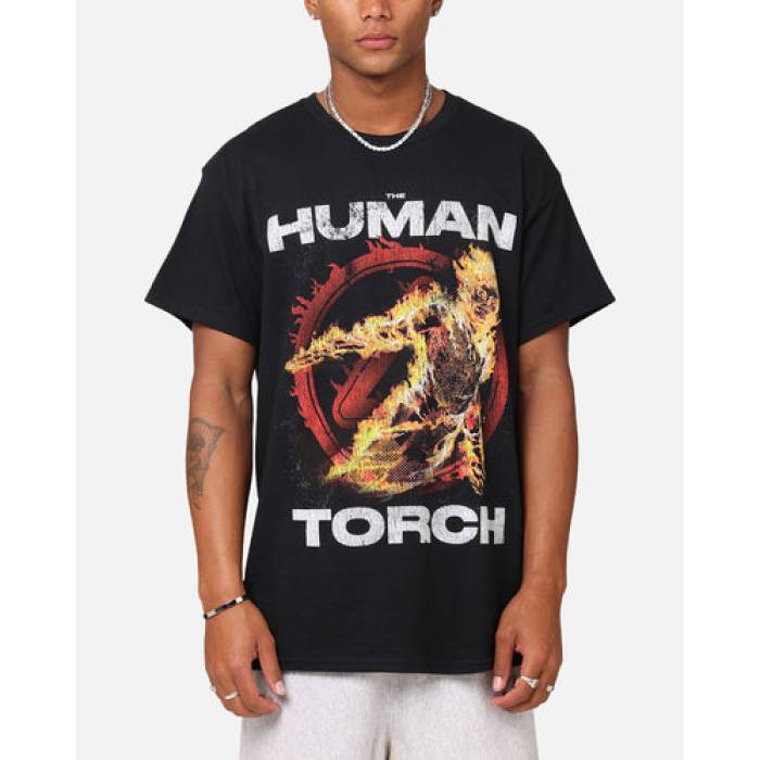 Goat Crew 【 Marvel Fantastic Four Human Torch Fire T-Shirt Mens Black 】 懐中電灯 たき火 プルオーバー メンズ 黒いこと 黒いこと