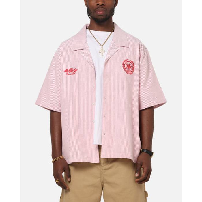 Carre 【 Rose Pinstripe Button Up Shirt Mens Red Stripe 】 Rose ローズ メンズ Red 赤・レッド Stripe ストライプ