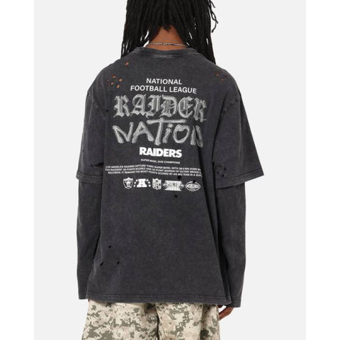 ミッチェル&ネス Mitchell & Ness 【 Las Vegas Raiders Chromed Mock Long Sleeve T-Shirt Mens Faded Black 】 ベガス レイダース Sleeve スリーブ Tシャツ メンズ 黒色 ブラック｜スニケス