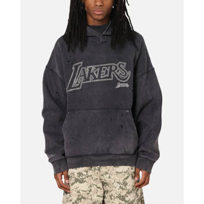 ミッチェル\u0026ネス Mitchell \u0026 Ness 【 Los Angeles Lakers Distressed Rhinestone Logo Hoodie Mens Faded Black 】 Lakers レイカーズ ロゴタイプ フーディー パーカー メンズ 黒いこと 黒いこと