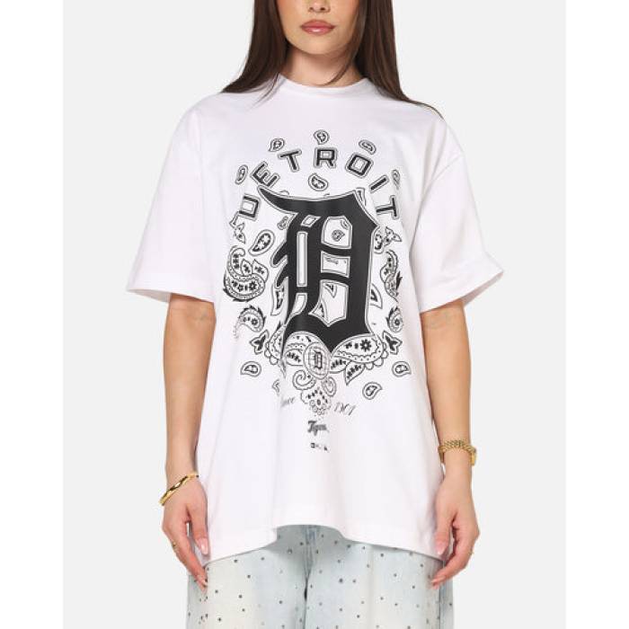 ニュー内鰓 New Era 【 Detroit Tigers Paisley Oversized T-Shirt Womens White 】 自動車の街 タイガース プルオーバー レディース 白いこと 白いこと
