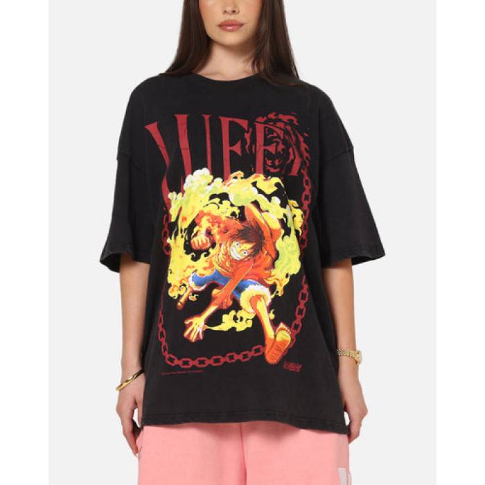 73Studio 【 X One Piece Luffy Vintage T-Shirt Off Black Womens Black Acidwash 】 ルフィー vintage ビンテージ・ヴィンテージ Tシャツ 黒色 ブラック レディース 黒色 ブラック