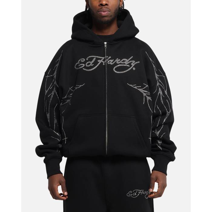 エドハーディー Ed Hardy 【 Cyber Rhinestone Zip-Up Hoodie Mens Black 】 フーディー パーカー メンズ 黒色 ブラック