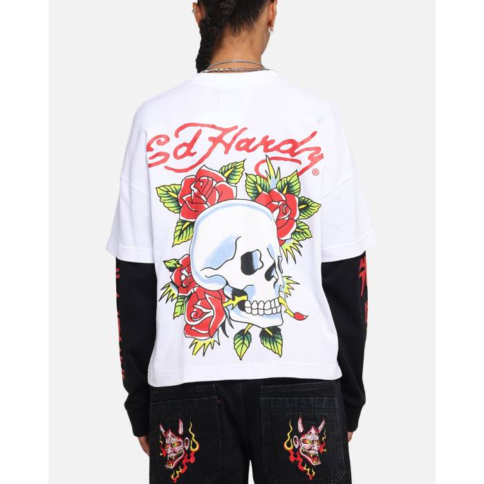エドハーディー Ed Hardy 【 Skull Layered Long Sleeve T-Shirt Womens White 】 Sleeve スリーブ Tシャツ レディース 白色 ホワイト｜スニケス