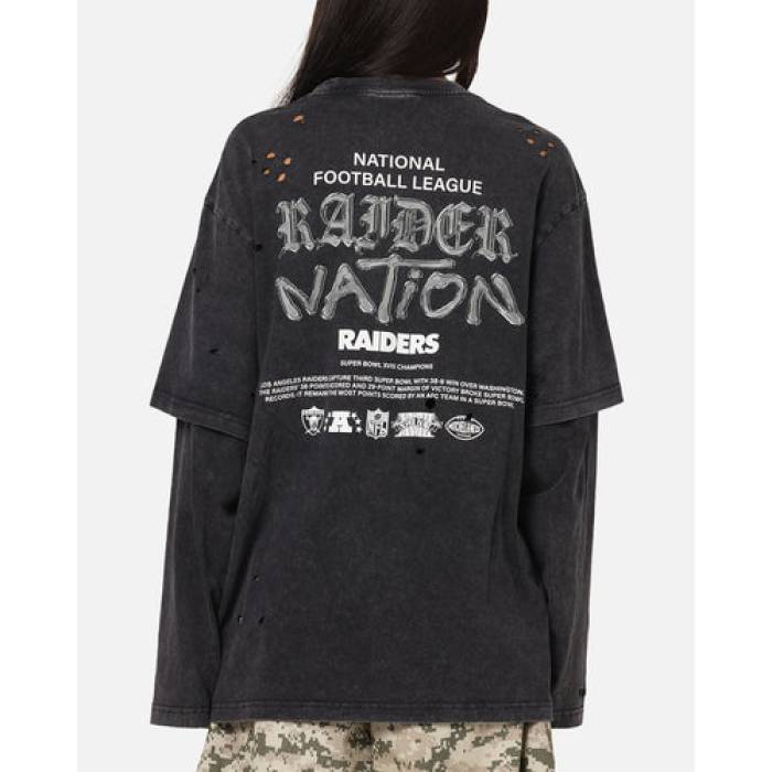 ミッチェル\u0026ネス Mitchell \u0026 Ness 【 Las Vegas Raiders Chromed Mock Long Sleeve T-Shirt Womens Faded Black 】 ベガス レイダース Sleeve 捩り プルオーバー レディース 黒いこと 黒いこと