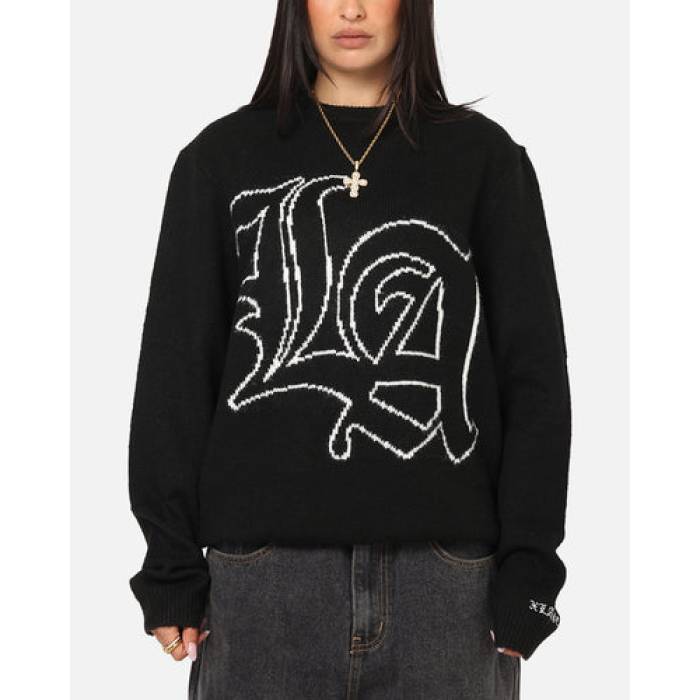 X-Large 【 La Knit Sweater Womens Black 】 天使の都市 編み物 調教師 レディース 黒いこと 黒いこと