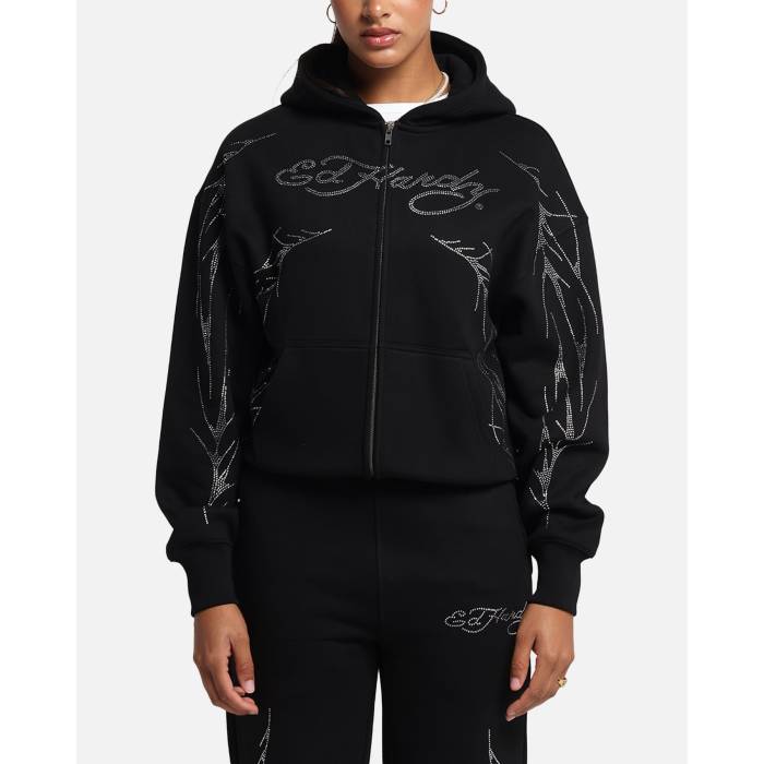 エドハーディー Ed Hardy 【 Cyber Rhinestone Zip-Up Hoodie Womens Black 】 フーディー パーカー レディース 黒色 ブラック｜スニケス