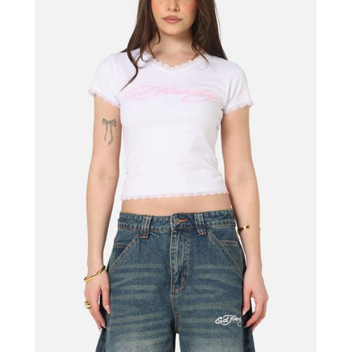 エドハーディー Ed Hardy 【 Lace Trim Baby T-Shirt Womens White 】 プルオーバー レディース 白いこと 白いこと