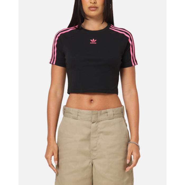 アディダス Adidas 【 3-Stripes Baby T-Shirt K Womens Black/Lucid Pin 】 ティーシャツ レディース 黒いこと 黒いこと