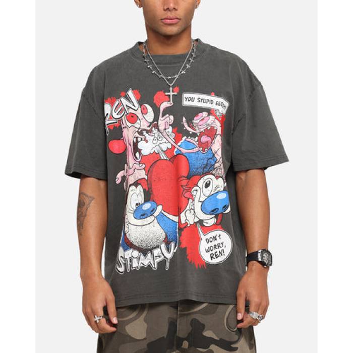 American Thrift 【 X Nickelodeon Ren And Stimpy Heavy T-Shirt Mens Black Wash 】 プルオーバー メンズ 黒いこと 黒いこと