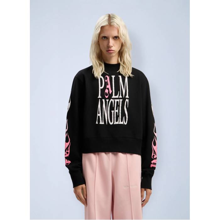 パームエンジェルス Palm Angels 【 Flames Fitted Crew Sweatshirt Women Blk 】 フレームス 労働者の一団 汗水 調教師 レディース