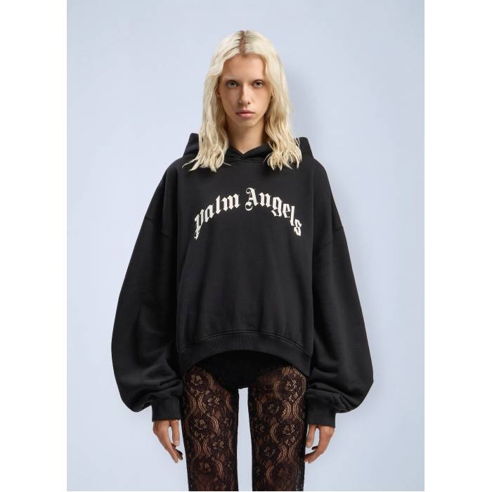 パームエンジェルス Palm Angels 【 Curved Logo Track Crop Hooded Sweatshirt Women Blk 】 ロゴタイプ 貨物自動車 Crop クロップ ボンネット付 汗水 調教師 レディース