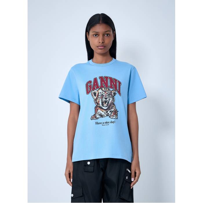 ガニー Ganni 【 Logo Motif T-Shirt Women Blu 】 ロゴ Tシャツ レディース