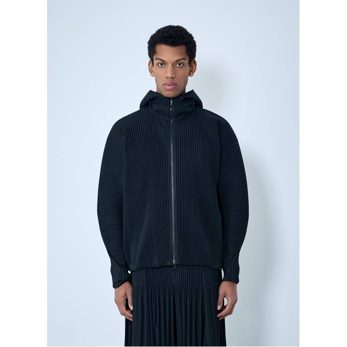 【 Pleated Zip-Up Hooded Sweater Men Blk 】 ボンネット付 調教師 メンズ