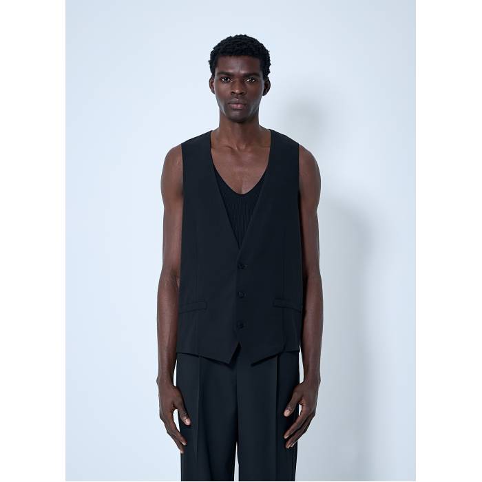 サンローラン Saint Laurent 【 Silk Crepe Waistcoat Men Blk 】 縮緬 より良い ジレ メンズ