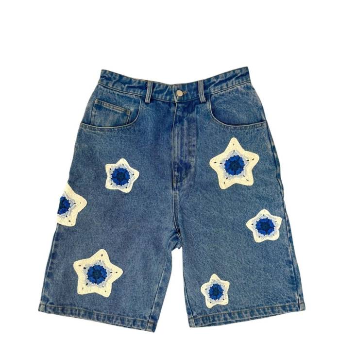 Arkyve 【 Blue Star Crochet Patch Denim Shorts Unisex Blue 】 青み 青色 ジーンズ さる股引き ユニ一発やる 青み 青色