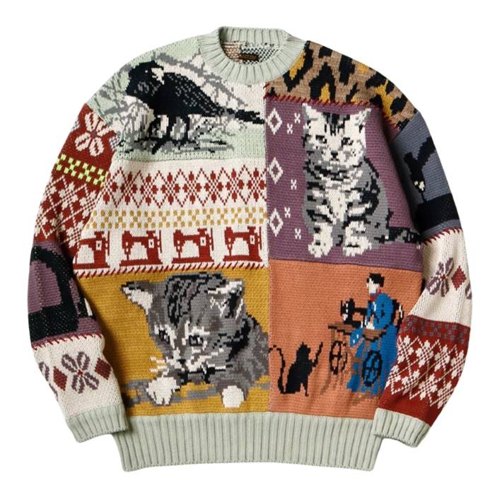 Kapital 【 5G Cotton Knit Patchwork Big Crew Sweater(Cat\u0026Raven) Mens Mint 】 編み物 労働者の一団 メンズ