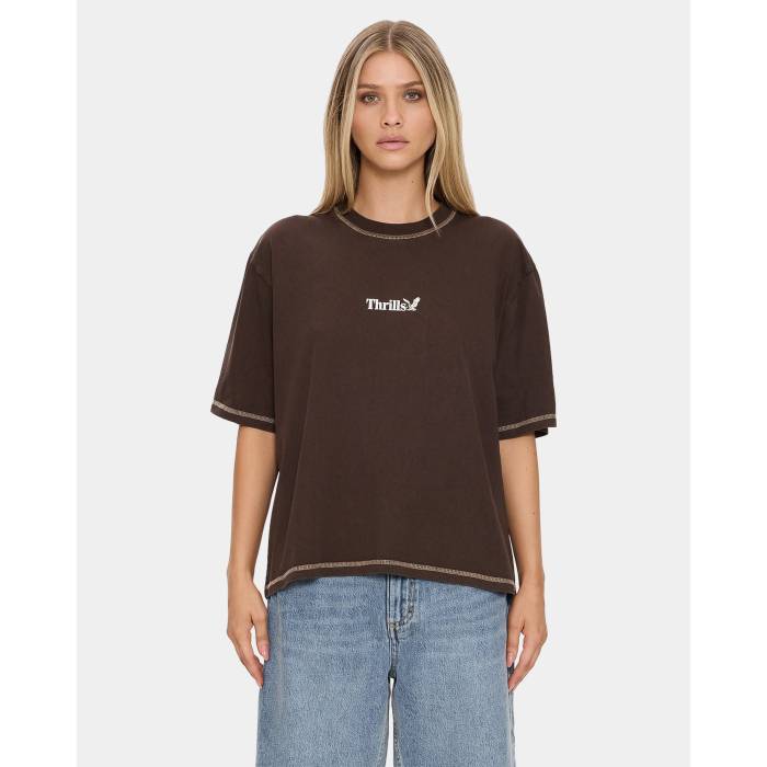 Thrills 【 Womens Workwear Square T-Shirt Womens Postal Brown 】 レディース Tシャツ レディース 茶色 ブラウン