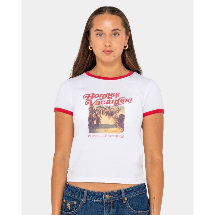 ラスティ Rusty 【 Womens Bonnes Vacances Ringer Baby T-Shirt Womens White 】 レディース Tシャツ レディース 白色 ホワイト