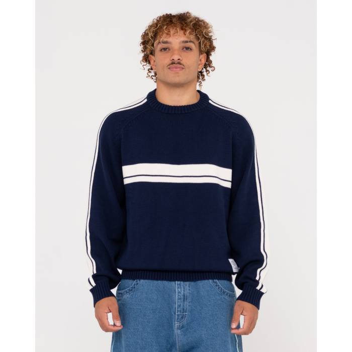 【★百貨店SALE★6/11真夜中2時迄】ラスティ Rusty 【 Mens White Lines 2.0 Crew Neck Mens Navy Blue 】 メンズ 白いこと 白いこと 労働者の一団 メンズ 紺色 米国海軍 青碧 青碧