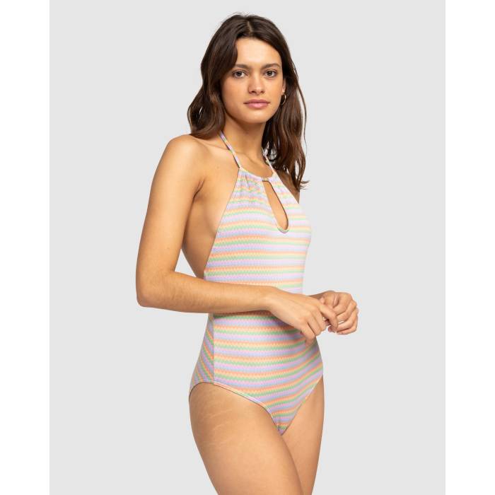 ロキシー Roxy 【 Womens Wavy Stripe Halter Neck One Piece Swimsuit Womens Papaya Wavy Stripe S 】 レディース Stripe 縞模様 水泳着 レディース Stripe 縞模様 水着-レディースファッション