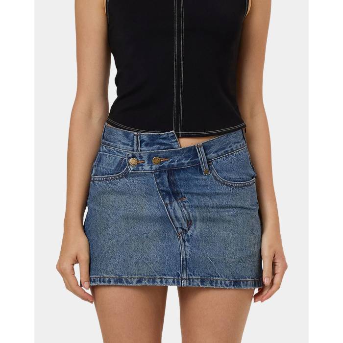 Thrills 【 Womens Kai Wrap Denim Skirt Womens Blue 】 レディース wrap 一回り ジーンズ レディース 青味 青み