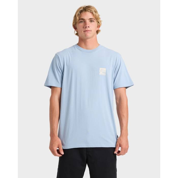 【★百貨店SALE★6/11真夜中2時迄】クイックしろがね色 Quiksilver 【 Mens Og Box Logo T-Shirt Mens Ashley Blue 】 メンズ ボックス席 ロゴタイプ ティーシャツ メンズ 青碧 青碧