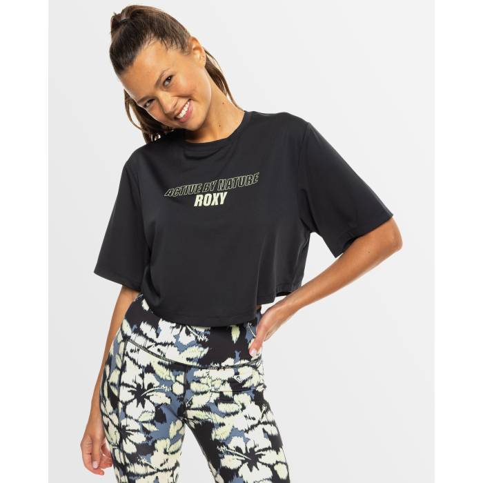 ロキシー Roxy 【 Womens Beach Bound Short Sleeve Crop Top Womens True Black 】 レディース Sleeve 捩り Crop クロップ レディース 黒いこと 黒いこと