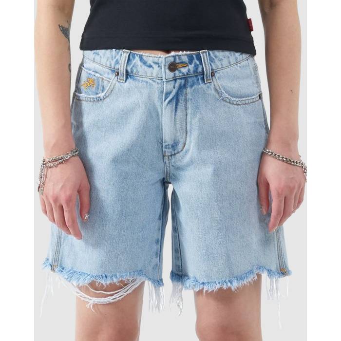 Worship 【 Womens Damage Stubby Shorts Womens Worship Worn Blue 】 レディース さる股引き レディース 青碧 青色 レディースファッション-ボトムス