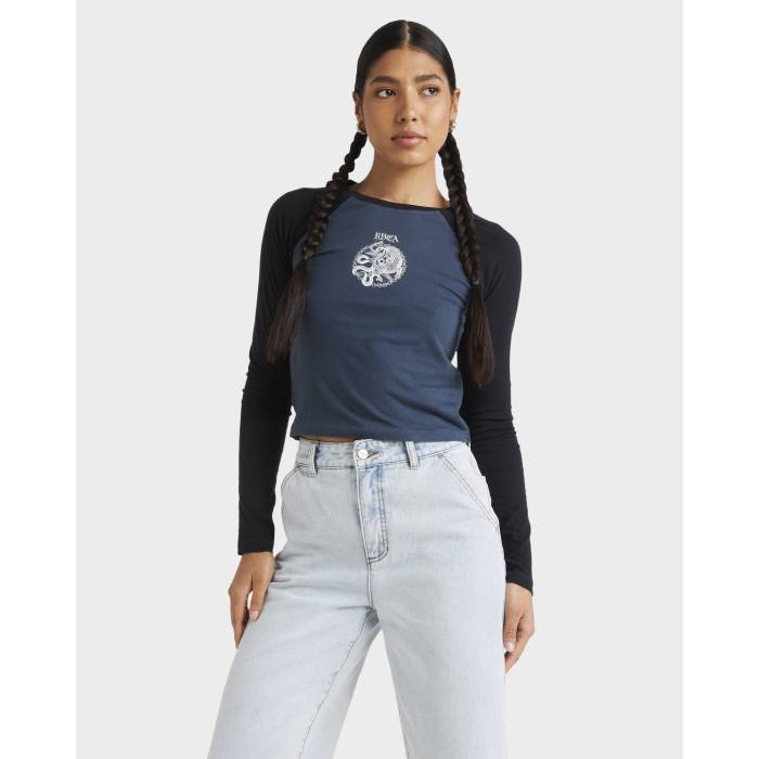 ルーカ Rvca 【 Womens Benj Raglan Long Sleeve T-Shirt Womens Petrol Blue 】 レディース Raglan ラグラン Sleeve 捩り プルオーバー レディース 青味 青み