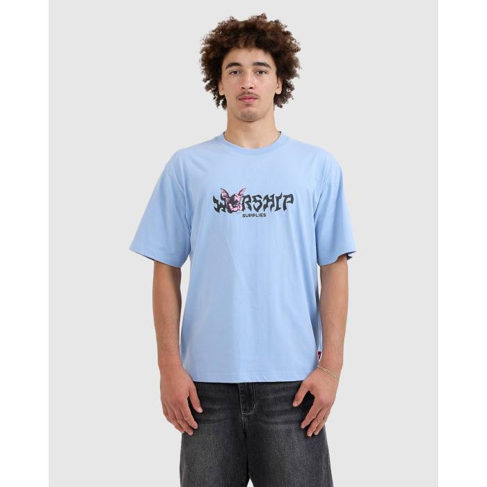 【★百貨店SALE★6/11真夜中2時迄】Worship 【 Mens Horns T-Shirt Mens Blue 】 メンズ ティーシャツ メンズ 青碧 青碧