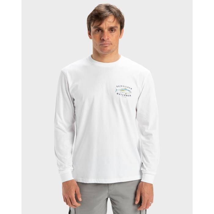 【★百貨店SALE★6/11真夜中2時迄】クイックしろがね色 Quiksilver 【 Mens Yellow Fins Long Sleeve T-Shirt Mens White 】 メンズ yellow 黄味がかった・黄色 Sleeve 衣袂 ティーシャツ メンズ 白いこと 白いこと