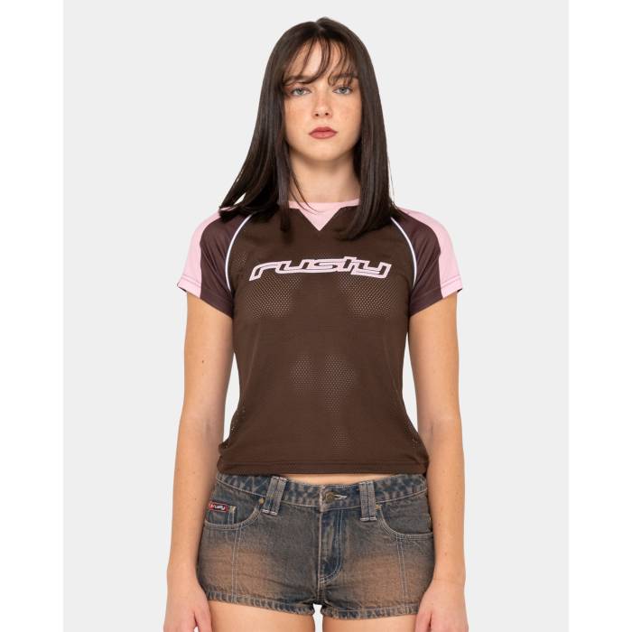 ラスティ Rusty 【 Womens Naples Contras Baby Sports Jersey T-Shirt Womens Brown 】 レディース ジャージ Tシャツ レディース 茶色 ブラウン