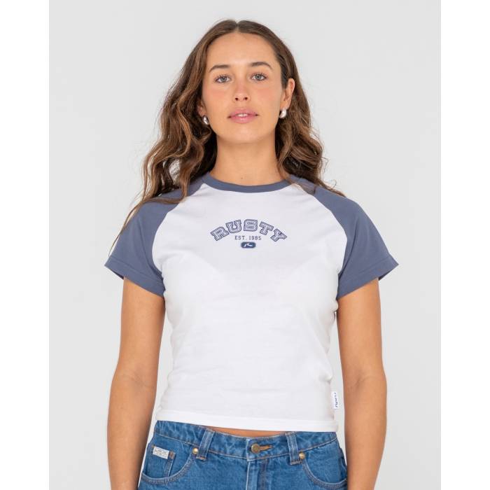 ラスティ Rusty 【 Womens College Drop Out Raglan T-Shirt Womens White 】 レディース カレッジ Raglan ラグラン Tシャツ レディース 白色 ホワイト
